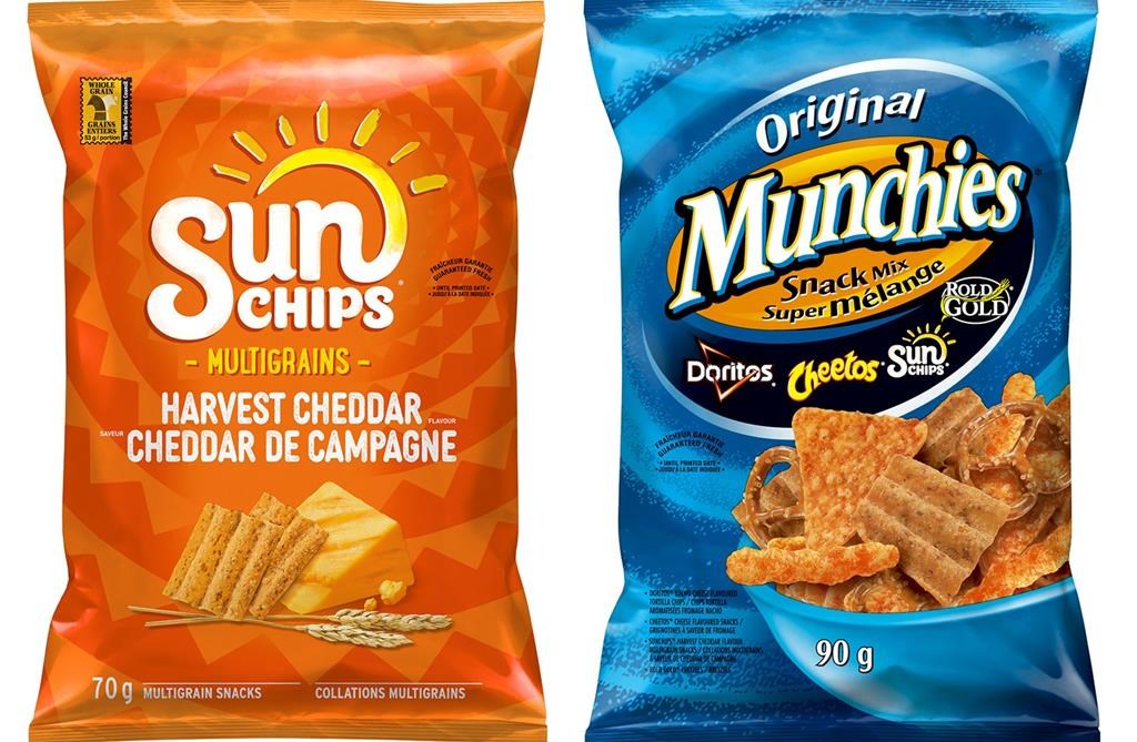 SunChips Harvest Cheddar Flavoured Multigrain Snacks and Munchies Original Snack Mix from Frito Lay Canada are shown in this undated handout photo. 