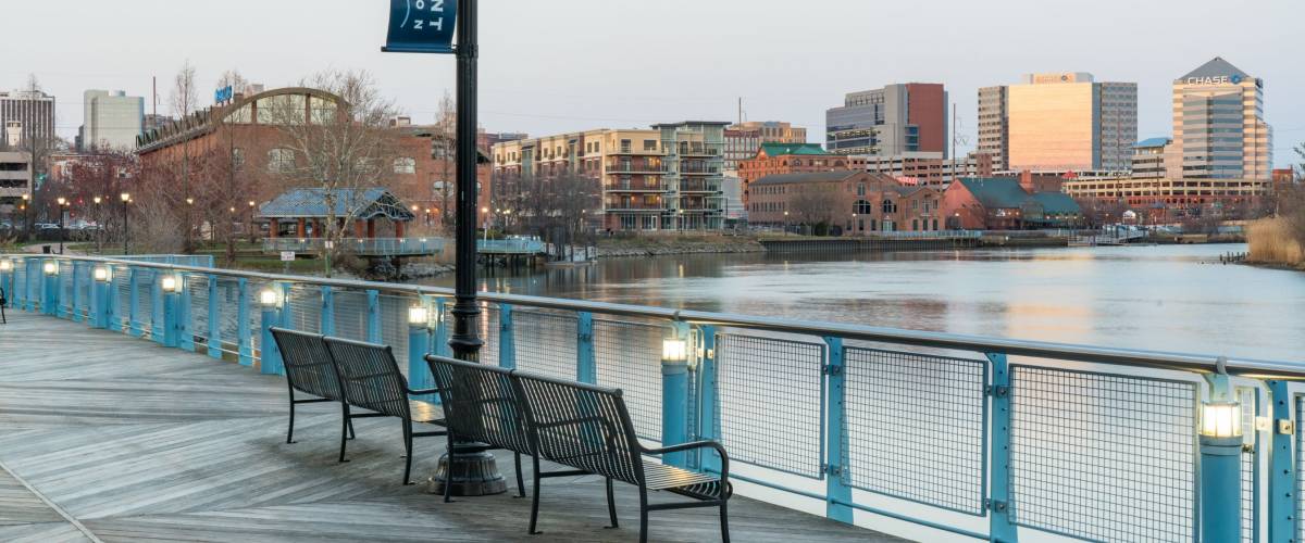 WILMINGTON, DE - APRIL 5, 2018: Wilmington, Delaware Skyline along the Christiana River