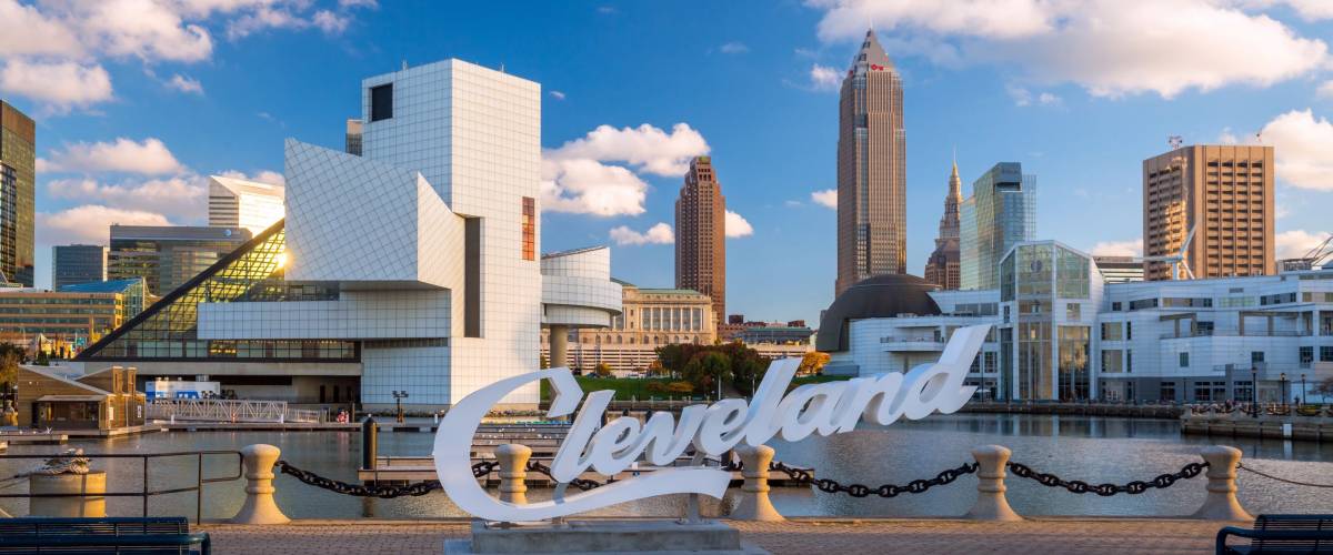 CLEVELAND, OH - August 29: Downtown Cleveland skyline from the lakefront in Ohio USA on