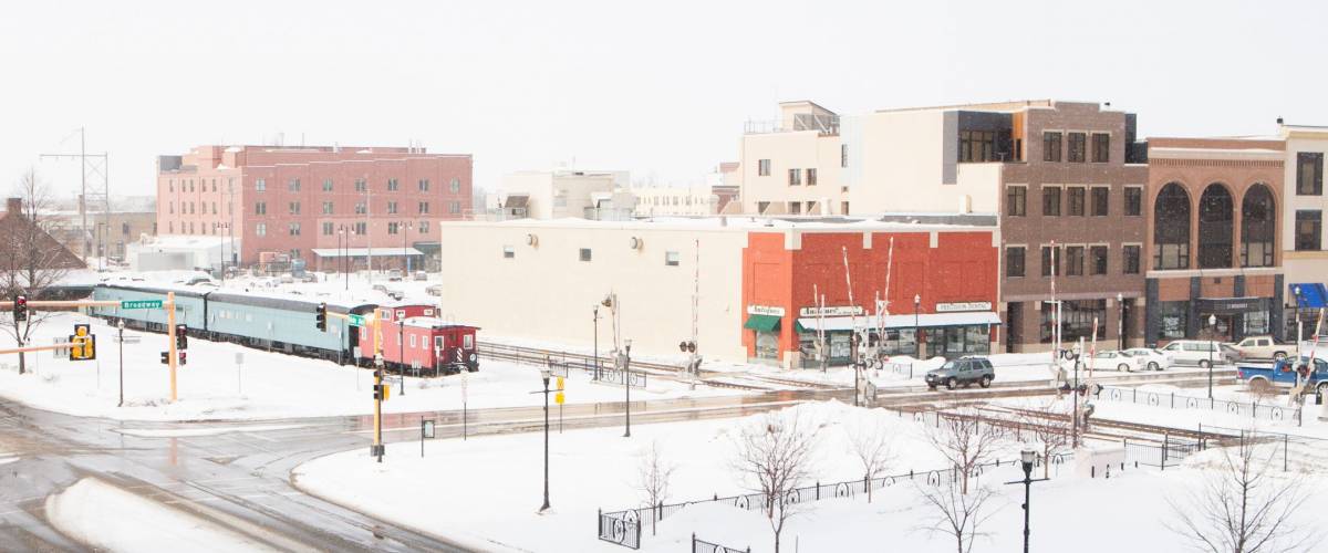 A snowstorm passes thru fargo, North dakota in winter.