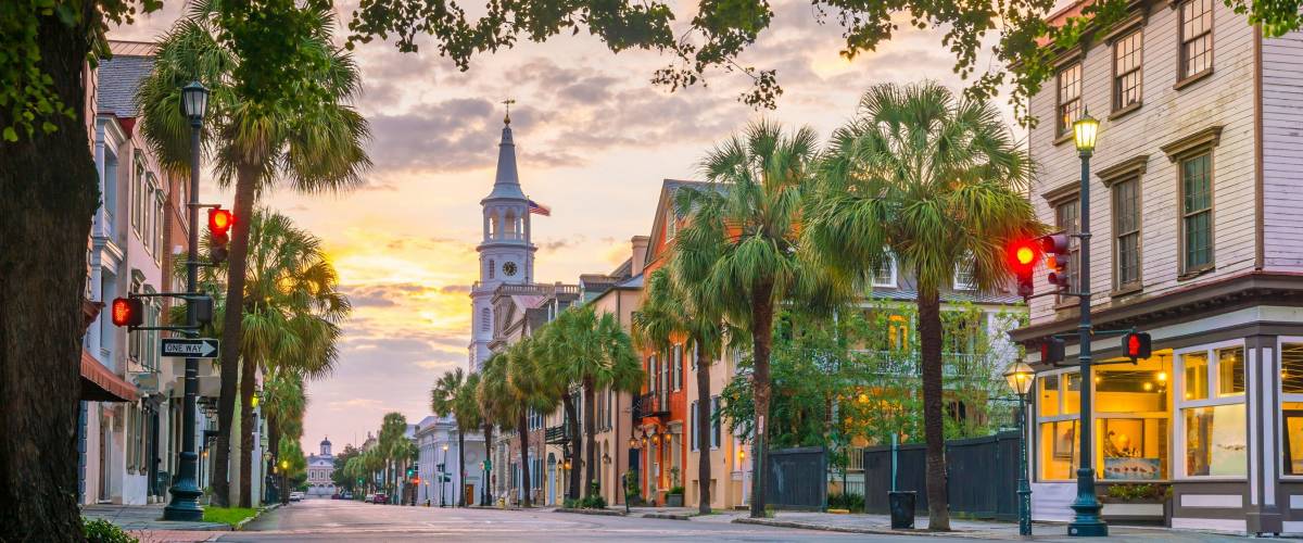 Historical downtown area of Charleston, South Carolina, USA at twilight.
