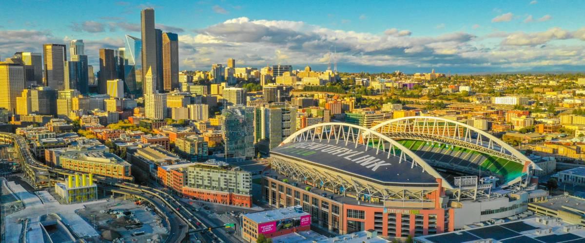 SEATTLE, WASHINGTON, USA - SEPTEMBER 15, 2018: Aerial drone footage of Seattle Centurylink Field