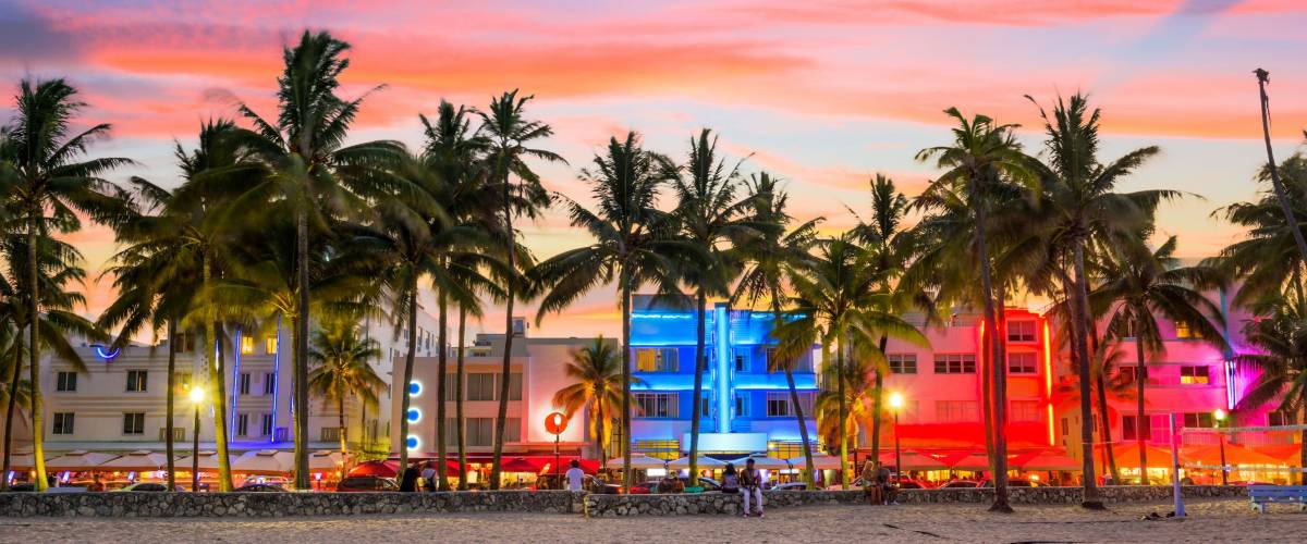Miami Beach, Florida, USA on Ocean Drive at sunset.