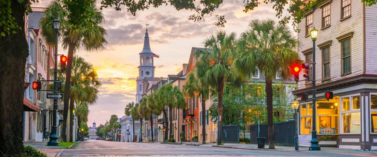 Historical downtown area of Charleston, South Carolina, USA at twilight.