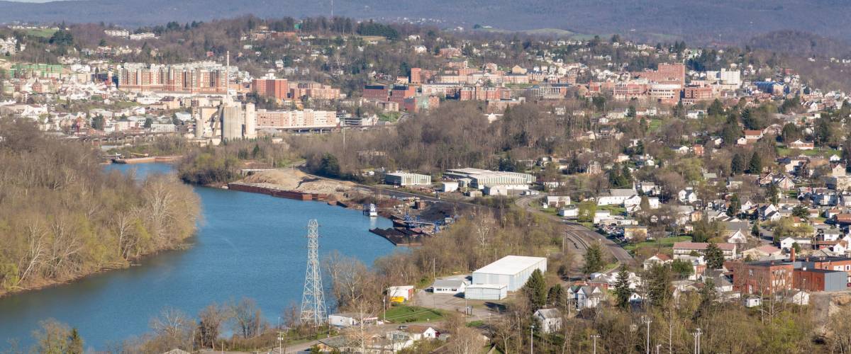 Panoramic skyline and cityscape of Morgantown, home of West Virginia University or WVU