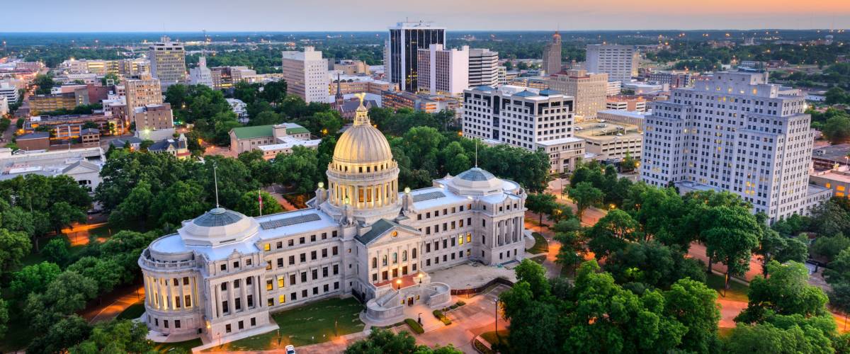 Jackson, Mississippi, USA cityscape at dusk.