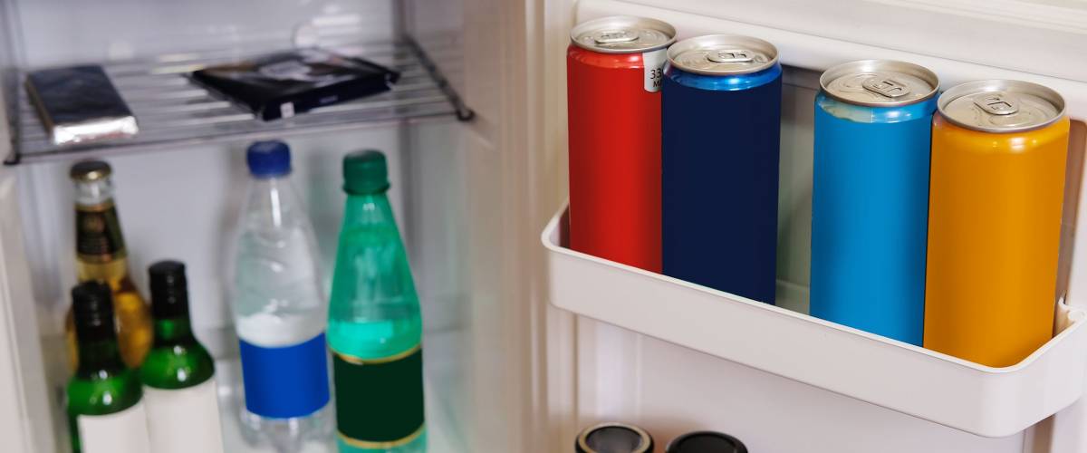 Mini fridge in a hotel room