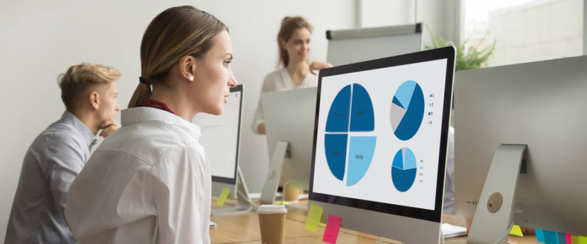 young woman assessing data pie chart on a computer