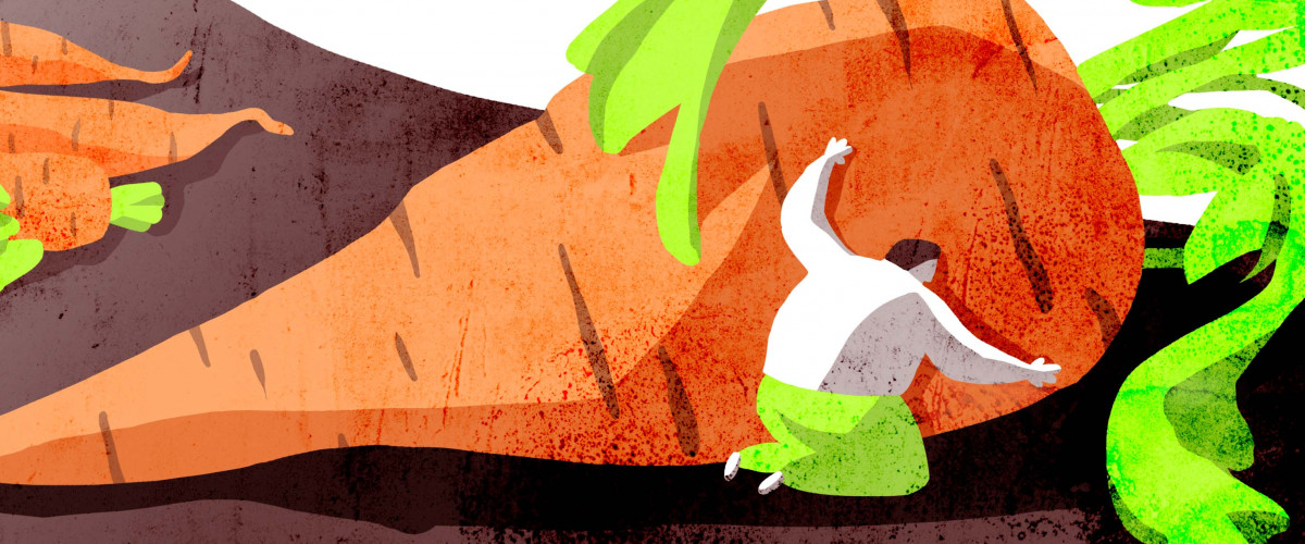 A drawing of a person hugging a giant carrot