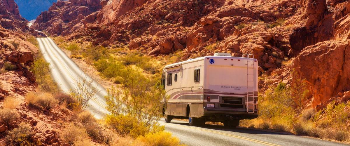 Valley of Fire, Nevada, USA - December 29, 2017 : Motorhome trailer traveling on the road in Valley of Fire in Nevada