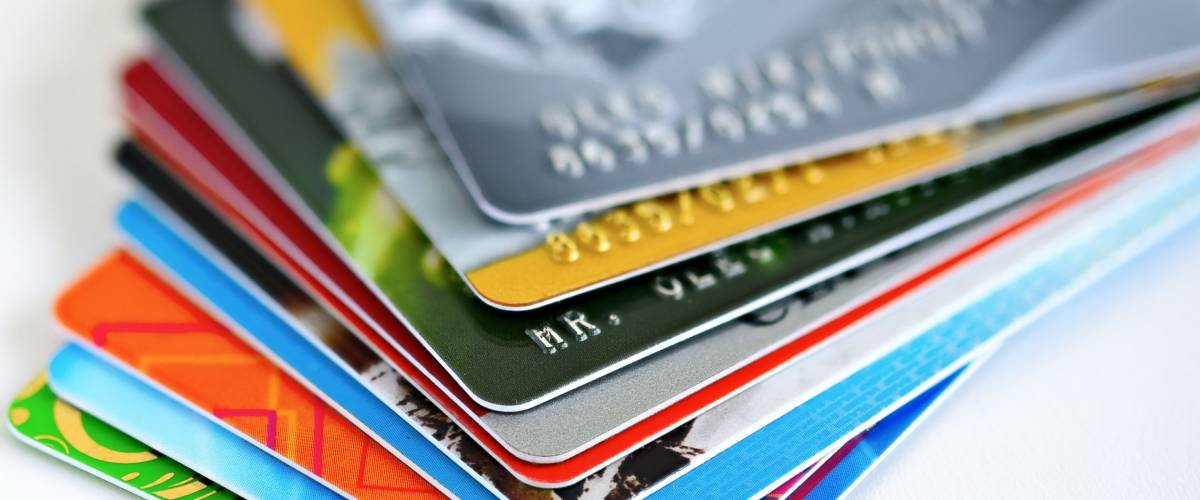 Stacked colorful credit cards