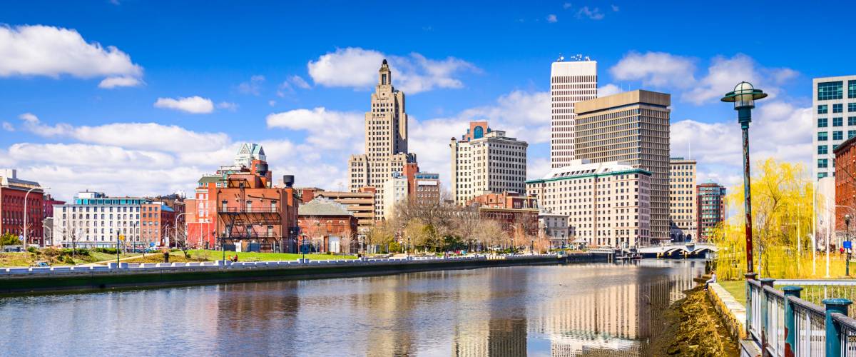 Providence, Rhode Island, USA city skyline on the river.
