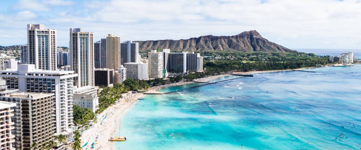 Waikiki Beach and Diamond Head Crater including the hotels and buildings in Waikiki, Honolulu, Hawaii