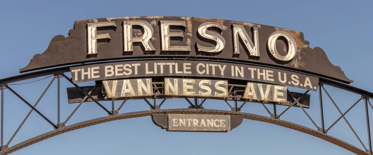Van Ness Avenue Entrance to Downtown Fresno, California, USA.