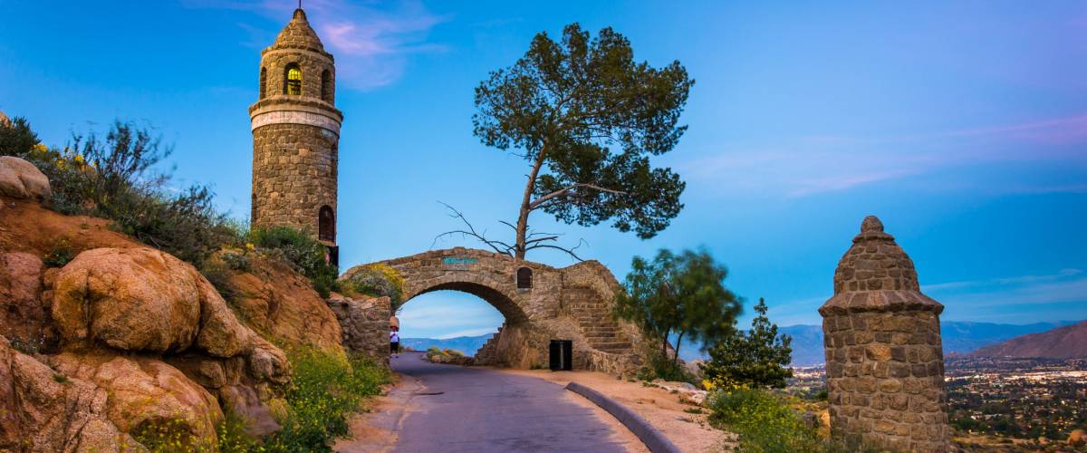 The Peace Bridge at twilight, at Mount Rubidoux Park, in Riverside, California.