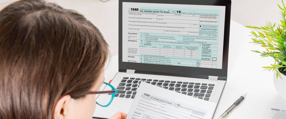 Person filling in a tax return on a computer screen