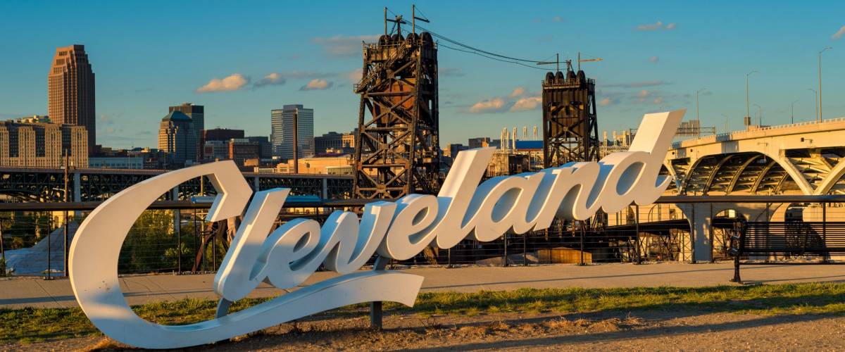 A Cleveland sign, one of three in the city, overlooking downtown from the near west side