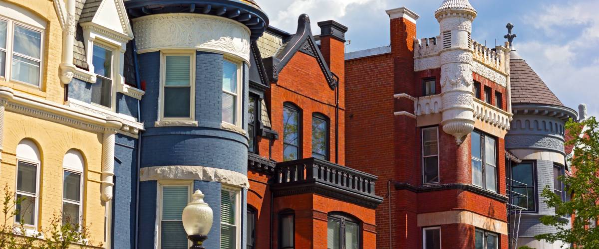 Historic residential architecture of Washington DC. Colorful townhouses near Dupont Circle in Washington DC.
