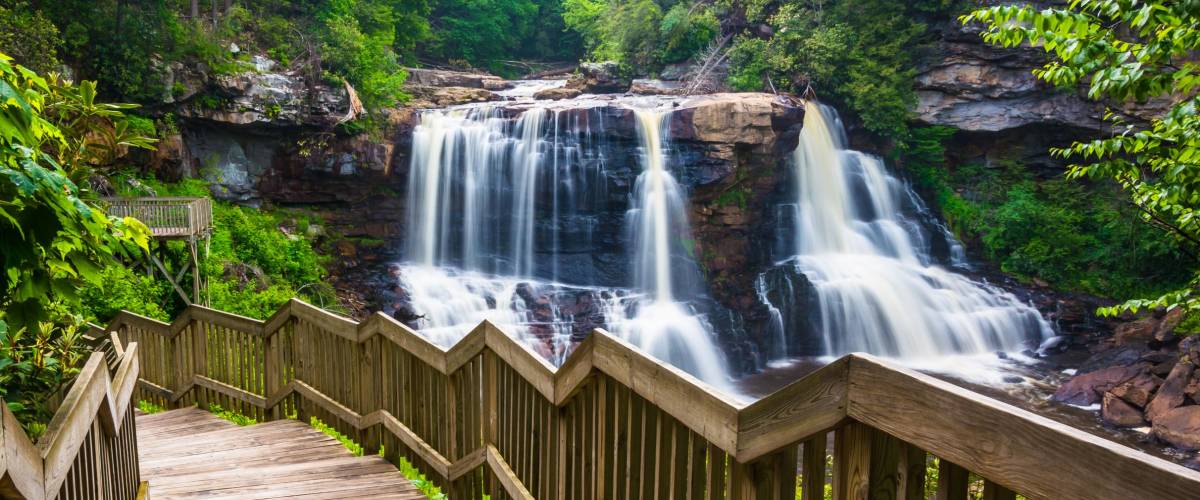 Blackwater Falls and a trail at Blackwater Falls State Park, West Virginia.
