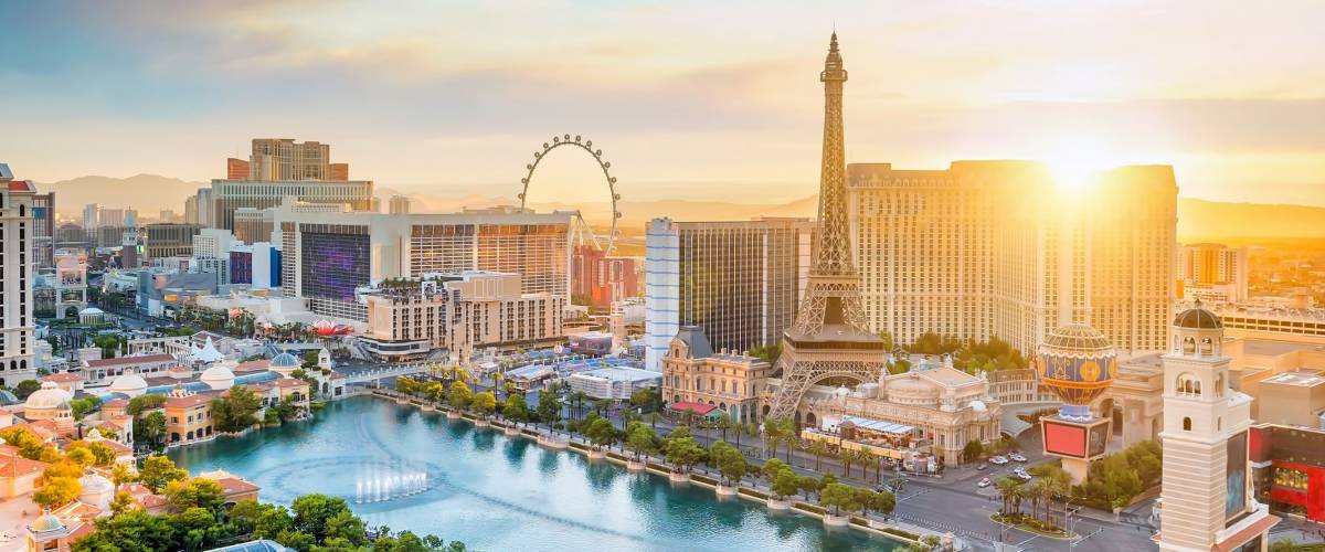 cityscape of Las Vegas from top view in Nevada, USA at sunset