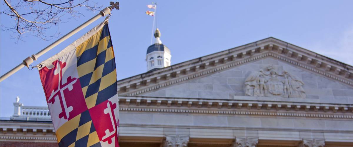 The flag outside the north entrance of the Maryland State House in Annapolis, MD. where the Maryland General Assembly convenes for three months a year.