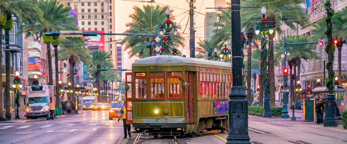 Streetcar in downtown New Orleans, USA at twilight