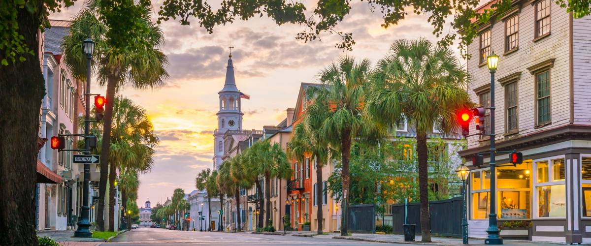 Historical downtown area of Charleston, South Carolina, USA at twilight.