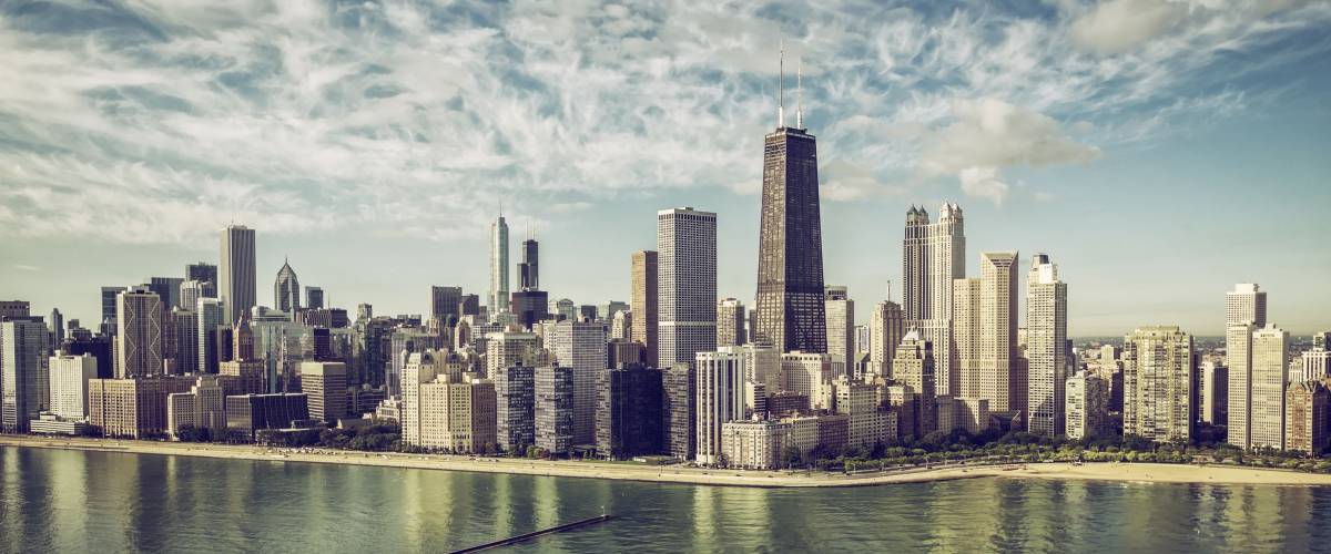Chicago Skyline aerial view skyscrapers by the beach , vintage colors