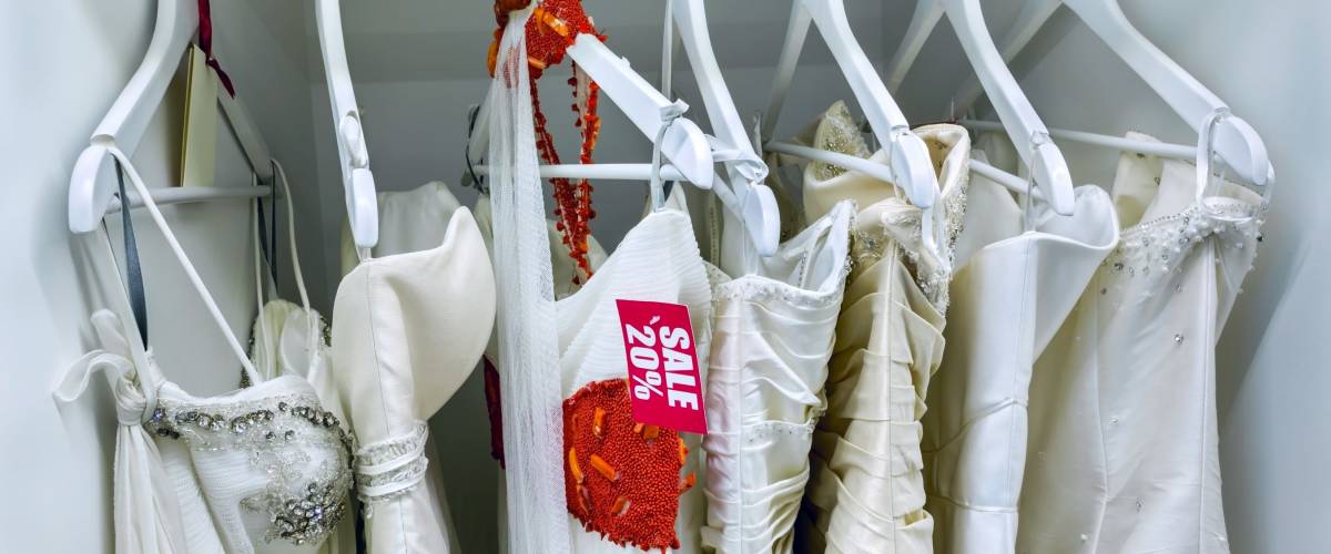 Sale collection of wedding dresses in the shop at discount