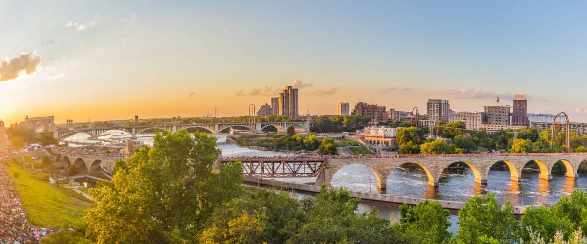 Minneapolis at sunset on the Mississippi river