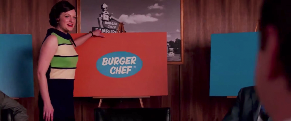 Peggy pitching her Burger Chef ad campaign