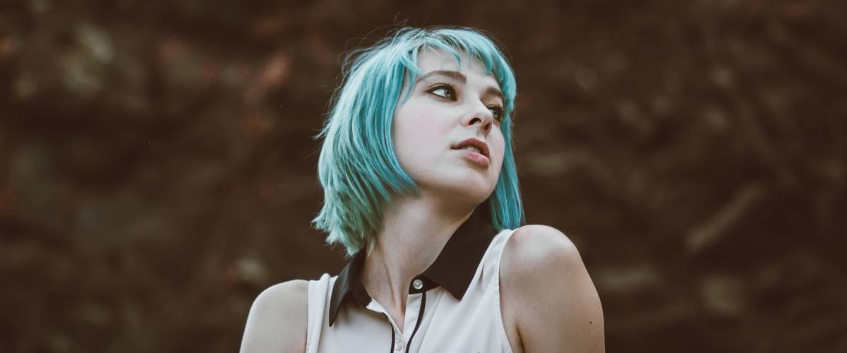 young woman with blue hair