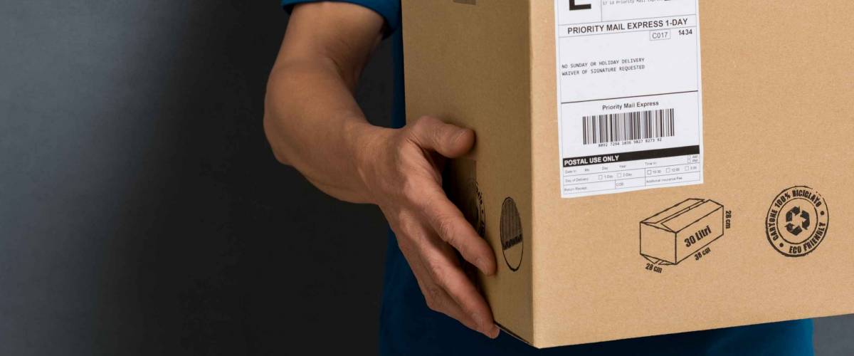 Closeup hands of delivery man holding package to deliver.