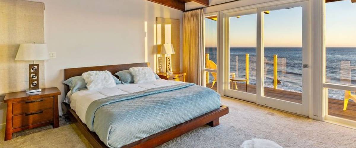 Bedroom in the Malibu home recently sold by Barry Williams of The Brady Bunch