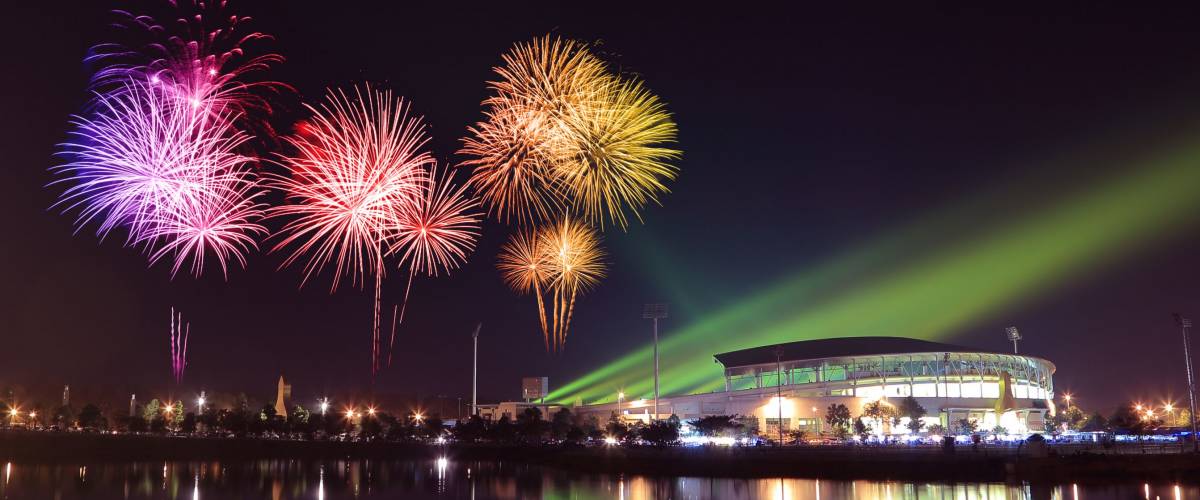 beautiful firework over stadium with sky at night