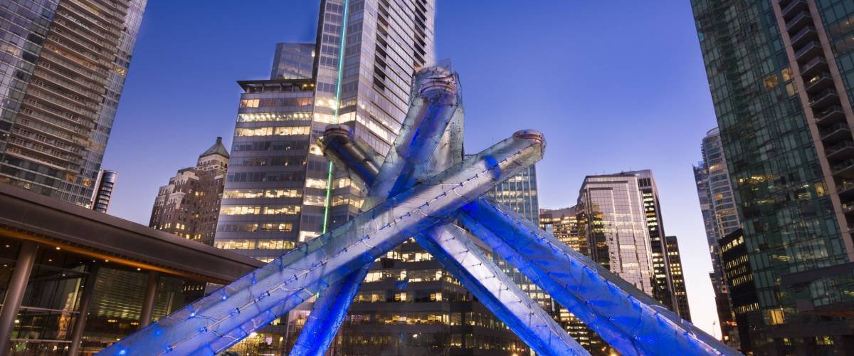 Vancouver Olympic Flame Plaza. Sunset shot of Vancouver 2010 Winter Games flame.