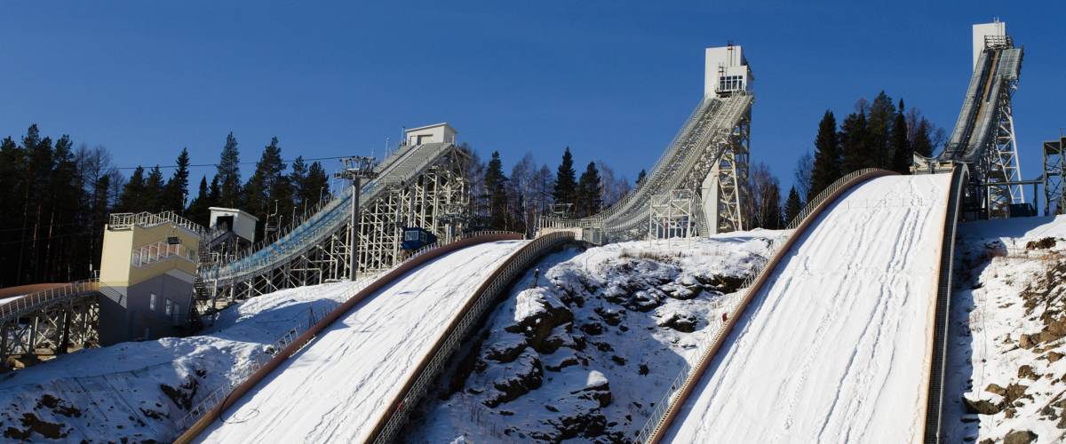 New complex of ski springboards against the blue sky in Russia, in city Nizhniy Tagil