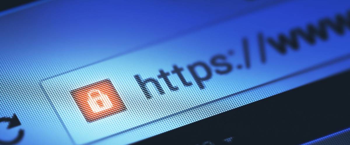 Closeup on the screen with depth of field and focus on the padlock. The image is a security concept in the search engine and web browser address. Hyper Text Transfer Protocol Secure (https).