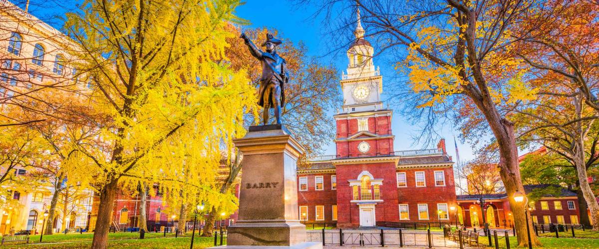 Philadelphia, Pennsylvania, USA at historic Independence Hall during autumn season.