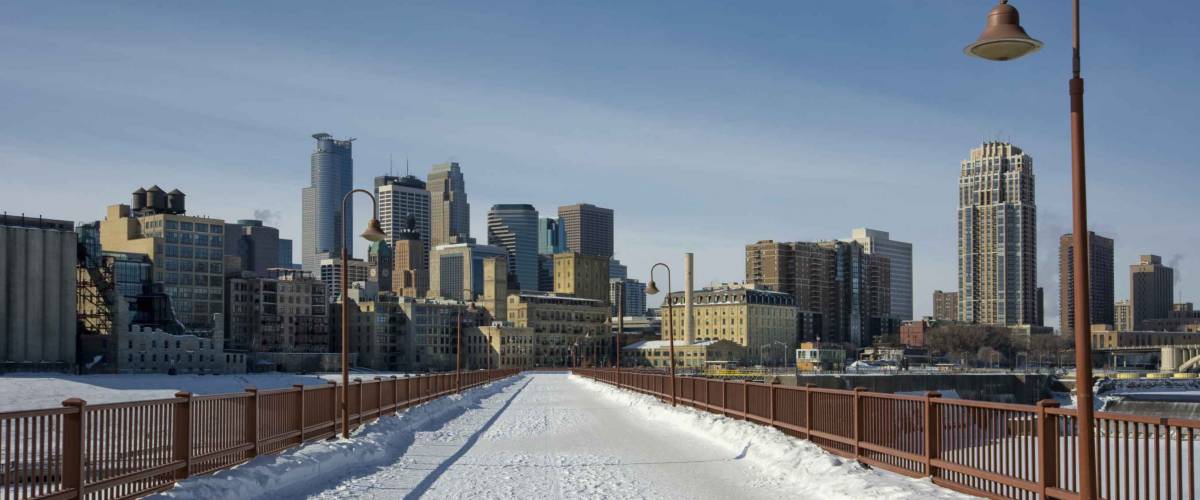Snow covering the Stone Arch Bridge, Minneapolis, Minnesota, USA