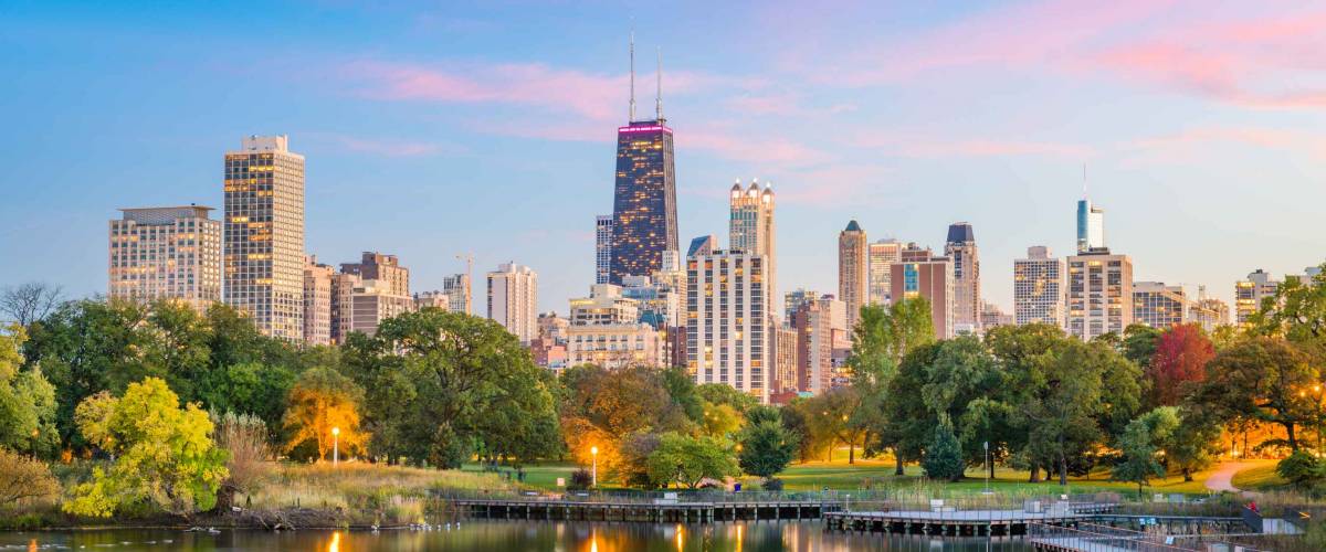 Chicago, Illinois, USA downtown skyline from Lincoln Park at twilight.