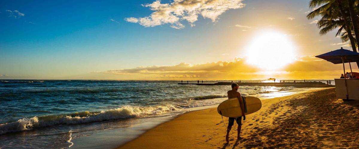 Surfer At Sunset On Waikiki Beach, Hawaii, Oahu, Honolulu