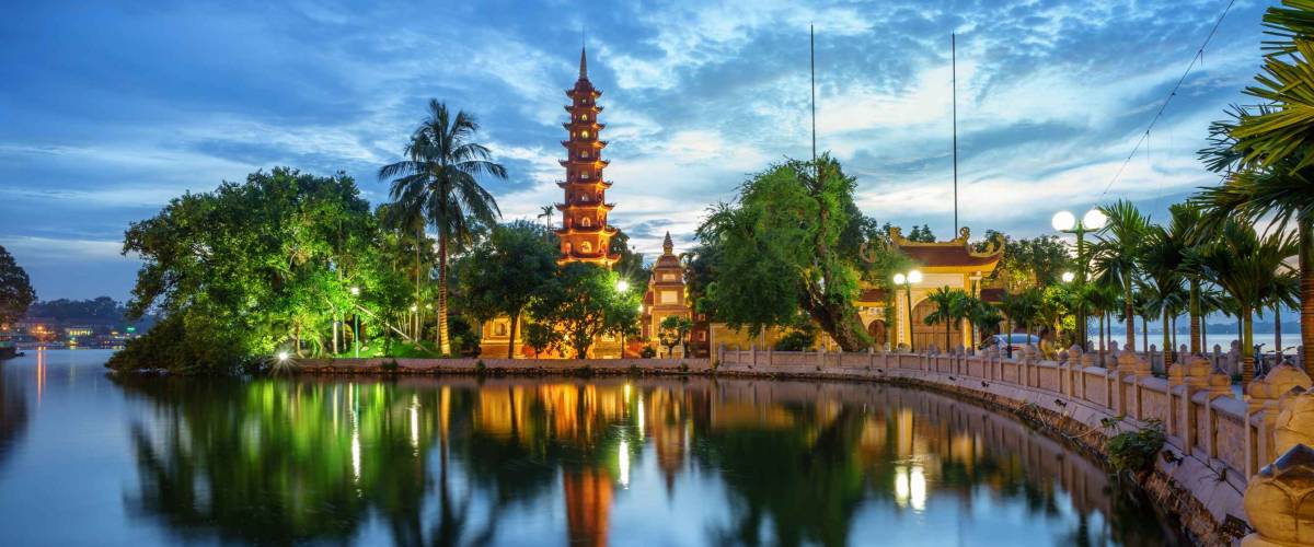 Panorama view of Tran Quoc pagoda, the oldest temple in Hanoi, Vietnam