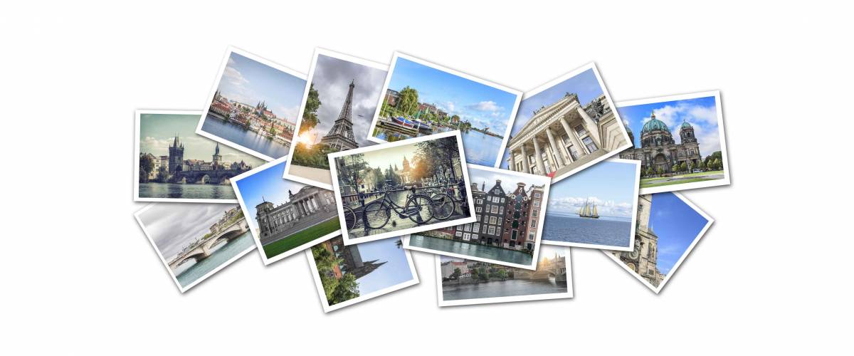 Postcard collage from Europe. Prague, Amsterdam, Paris, Berlin. The main attractions.