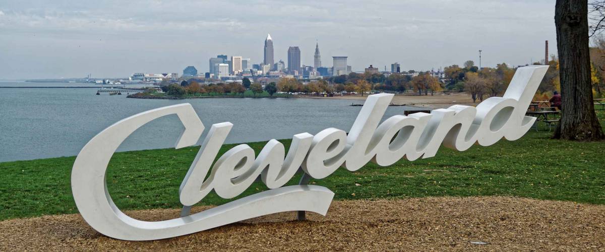 Cleveland Sign in Edgewater Park overlooks Lake Erie and the Cleveland City skyline