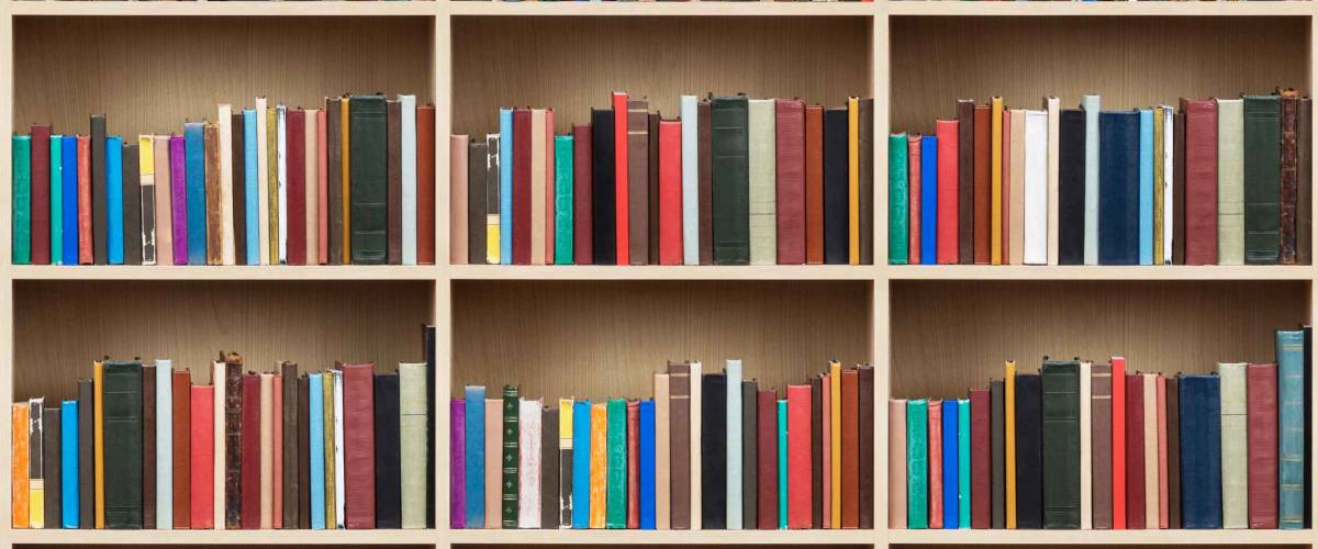 Books on a wooden shelfs.