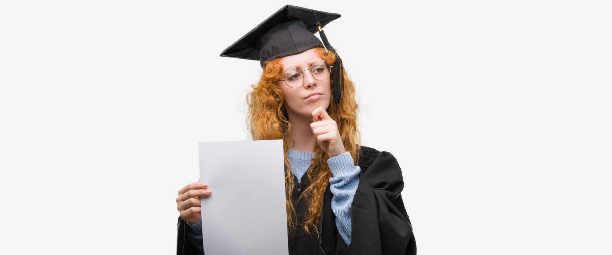 Young redhead woman wearing graduate uniform holding degree serious face thinking about question, very confused idea