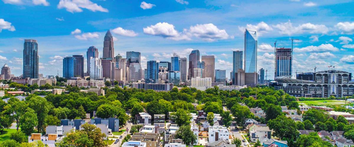 Drone Aerial of Downtown Charlotte, North Carolina, NC, USA Skyline.