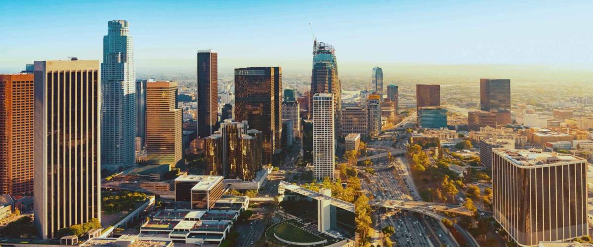 Aerial view of a Downtown Los Angeles at sunset