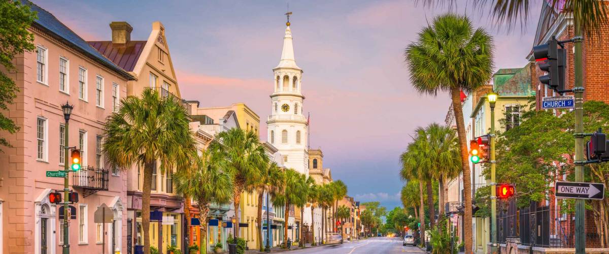 Charleston, South Carolina, USA cityscape in the historic French Quarter.